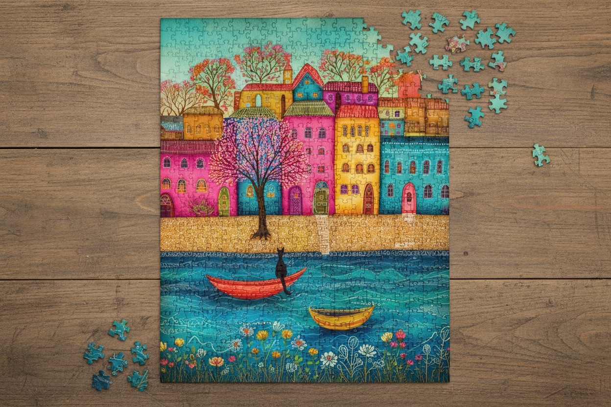 Black Cat and Colorful Village by the River Jigsaw puzzle