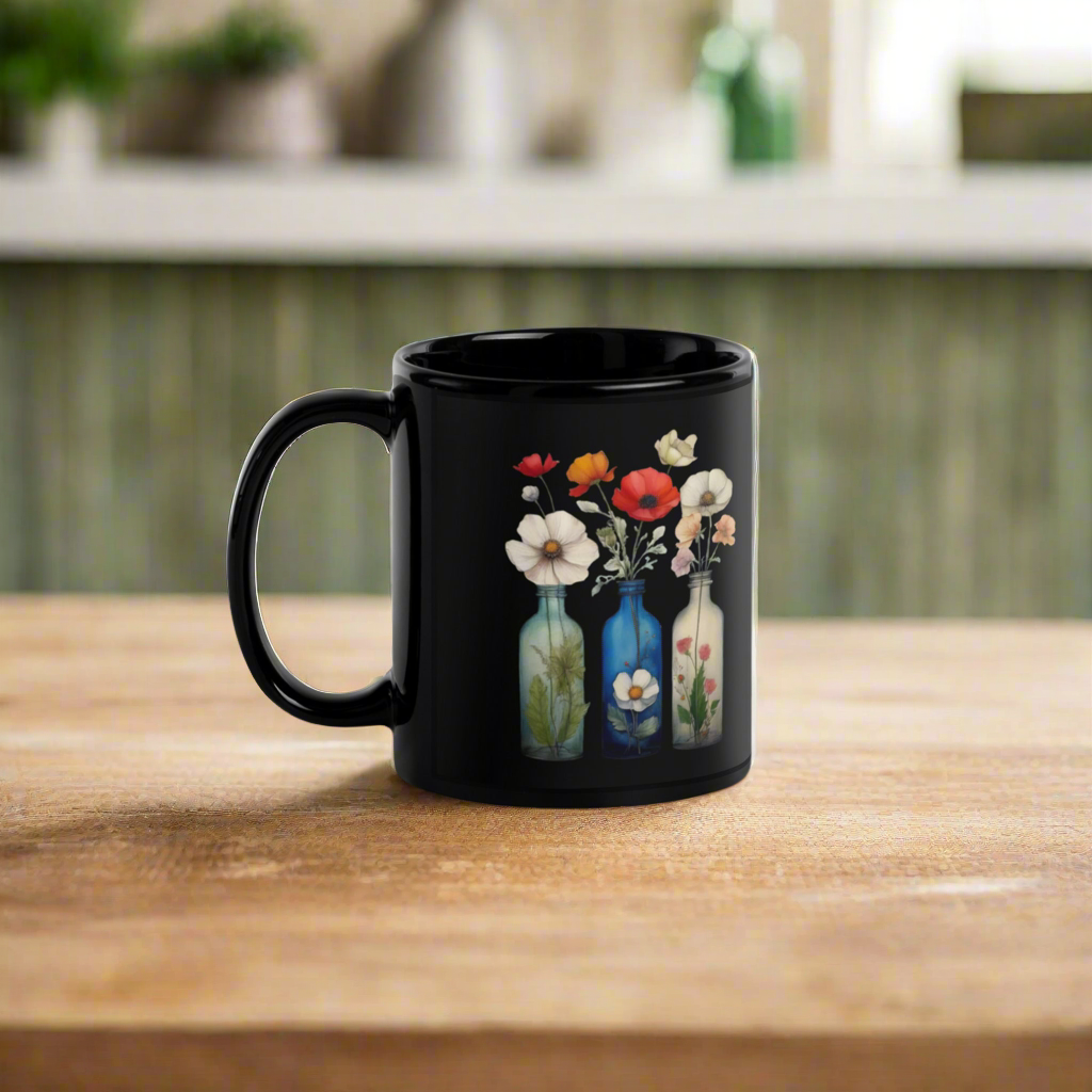 Cosmos Bottles Black Glossy Mug