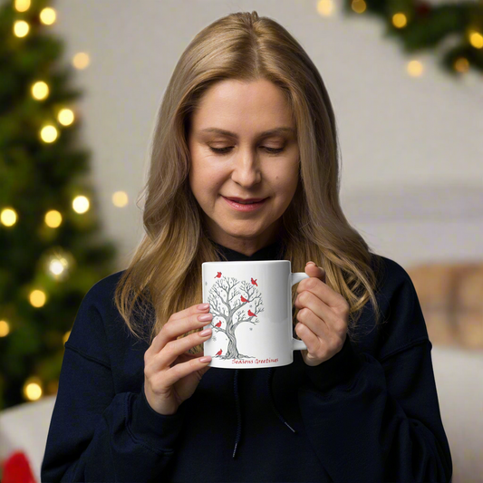 Seasons Greeting Tree With Cardinals White glossy mug