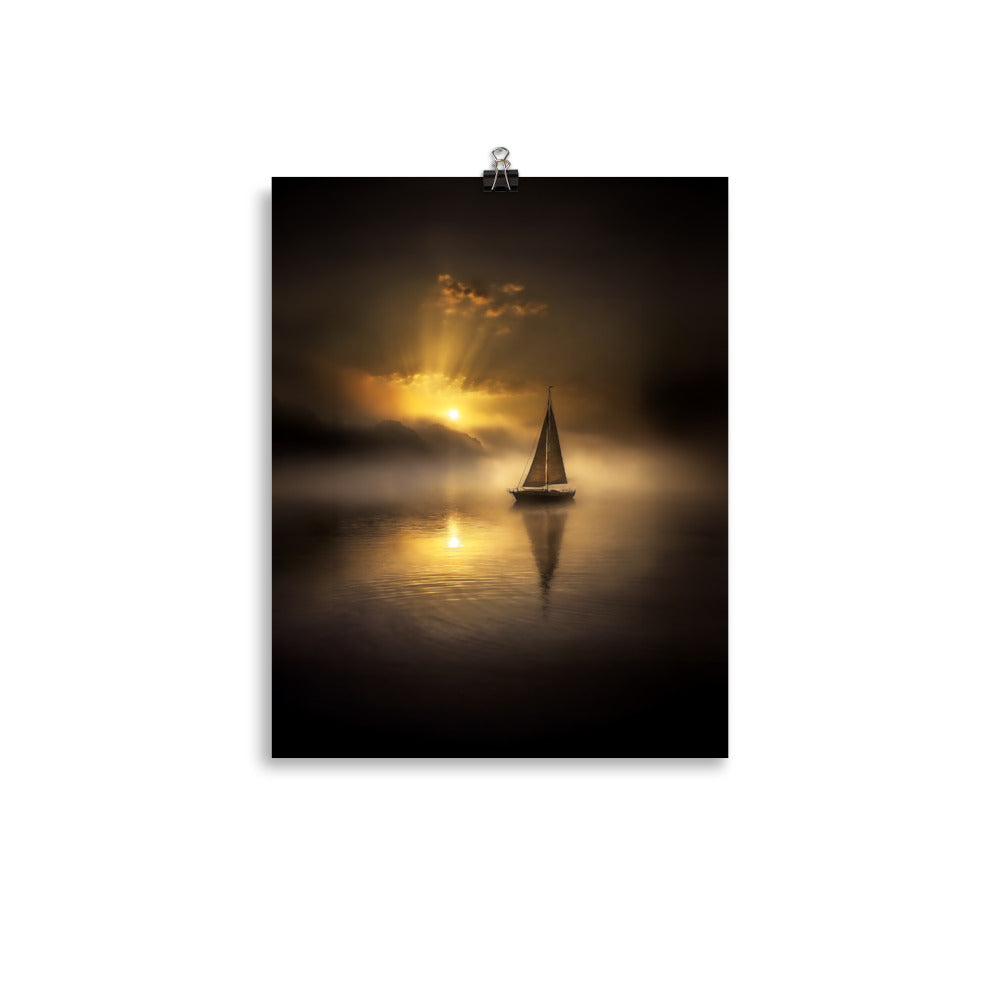 Sailboat on Foggy Morning Poster