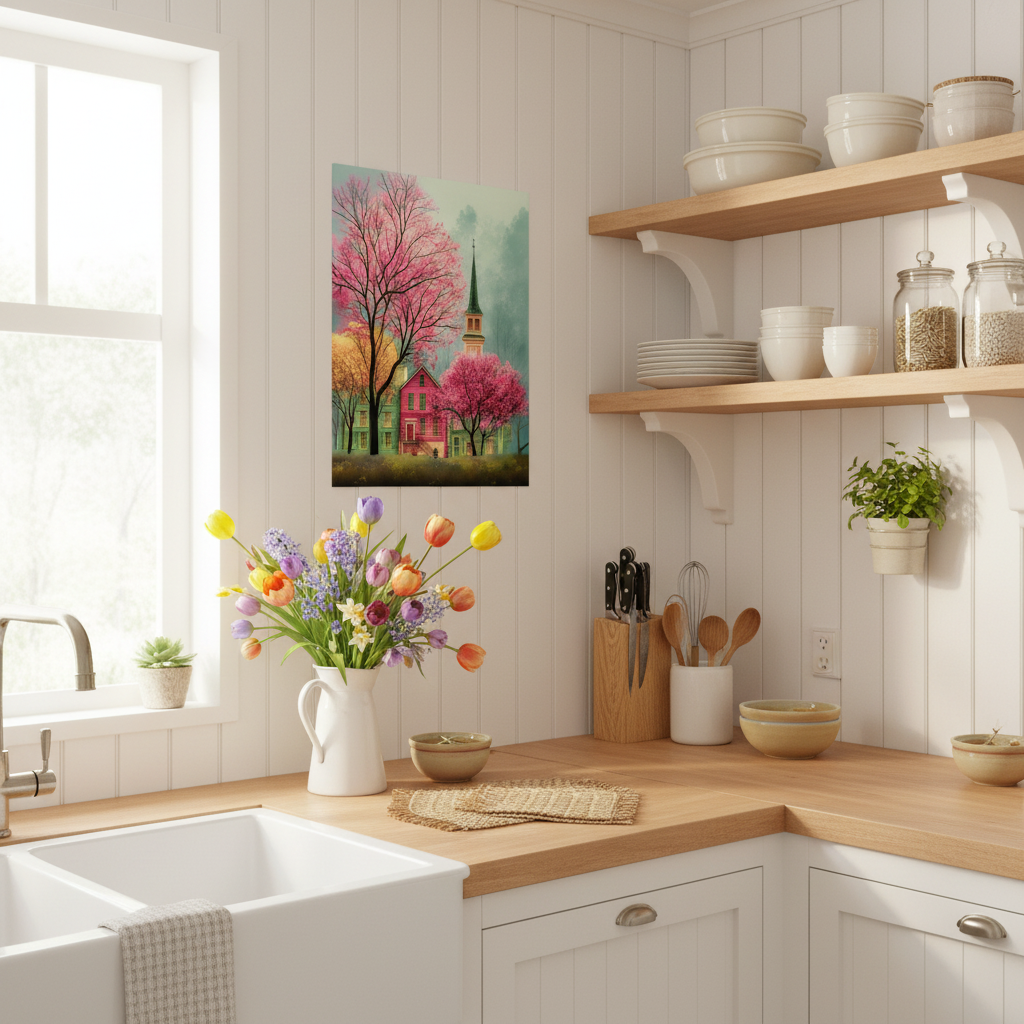 Charming Village with Cherry Blossoms Poster