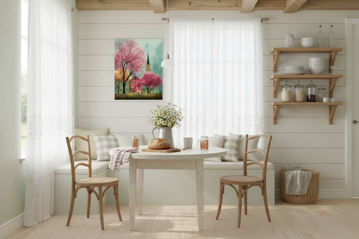 Charming Village with Cherry Blossoms Poster