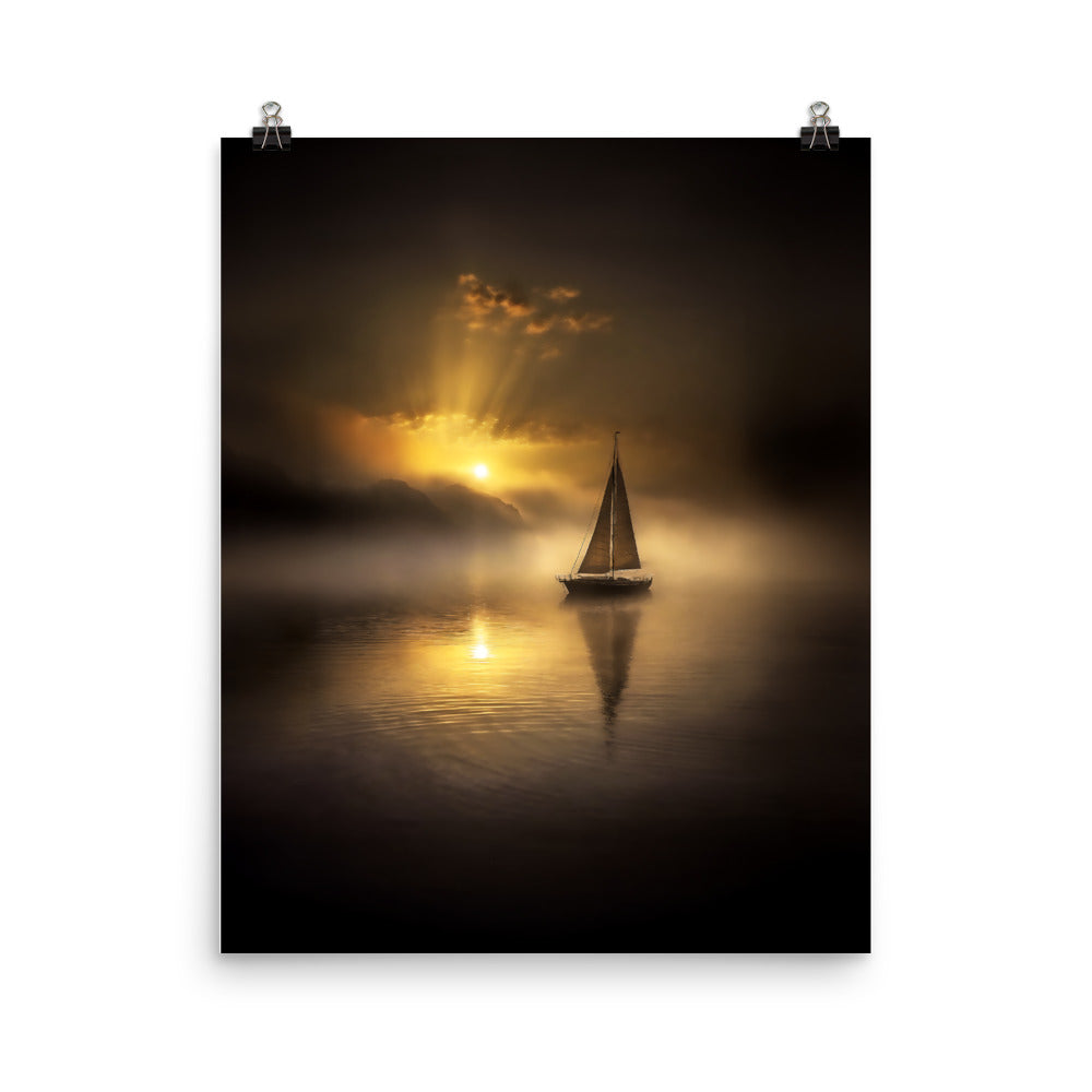 Sailboat on Foggy Morning Poster