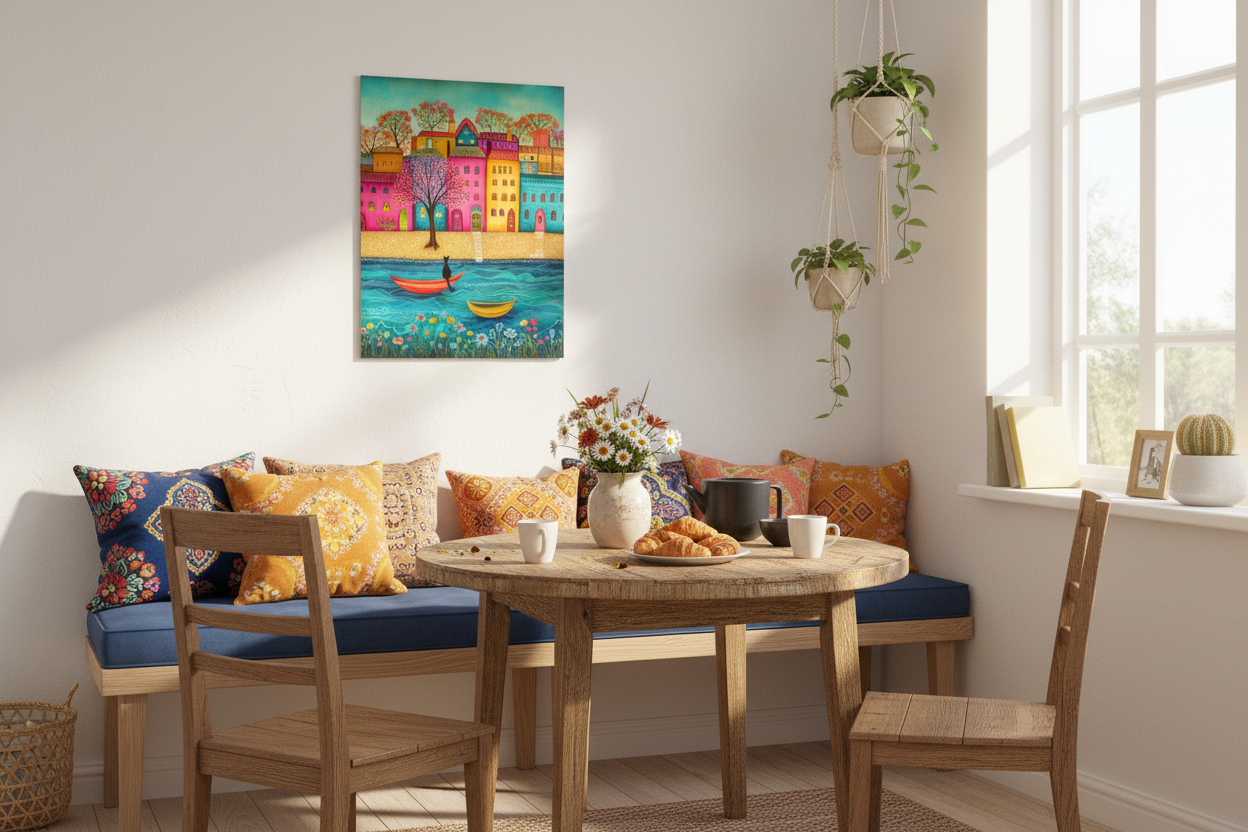 Black Cat and Colorful Village by the River Poster