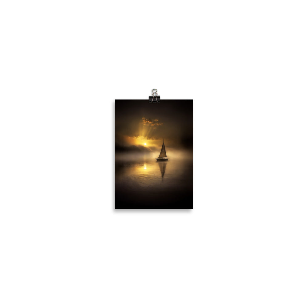 Sailboat on Foggy Morning Poster