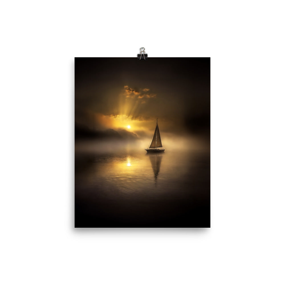 Sailboat on Foggy Morning Poster