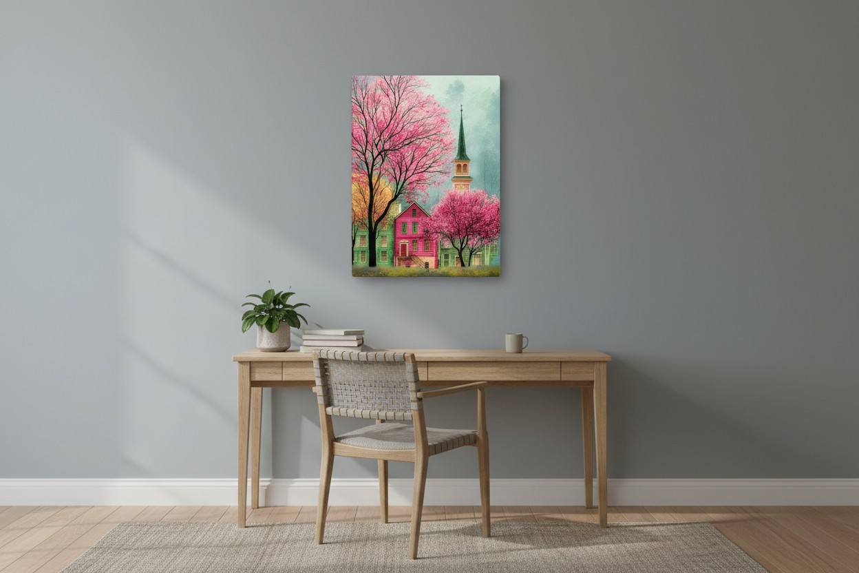 Charming Village with Cherry Blossoms Thin canvas