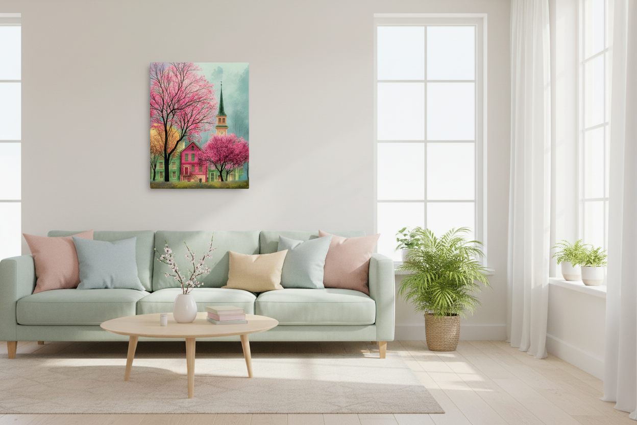 Charming Village with Cherry Blossoms Thin canvas