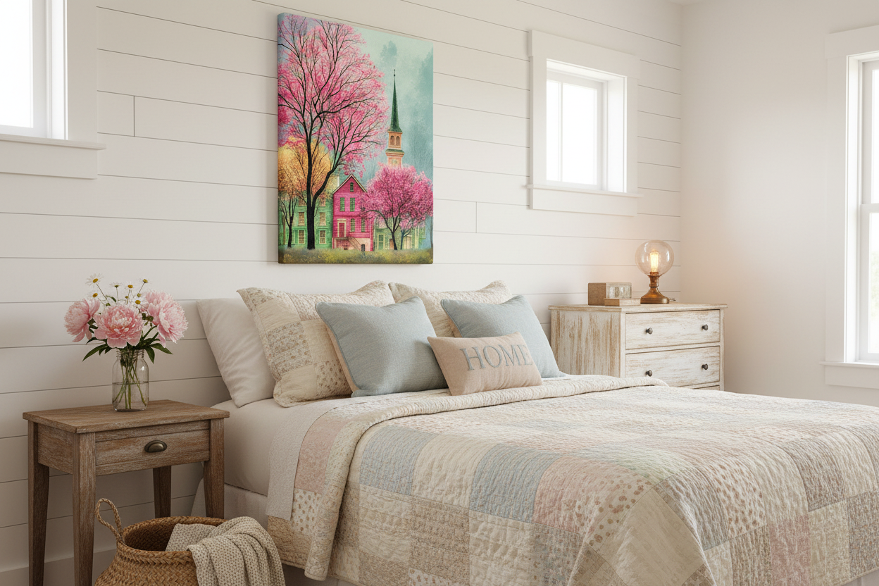 Charming Village with Cherry Blossoms Thin canvas