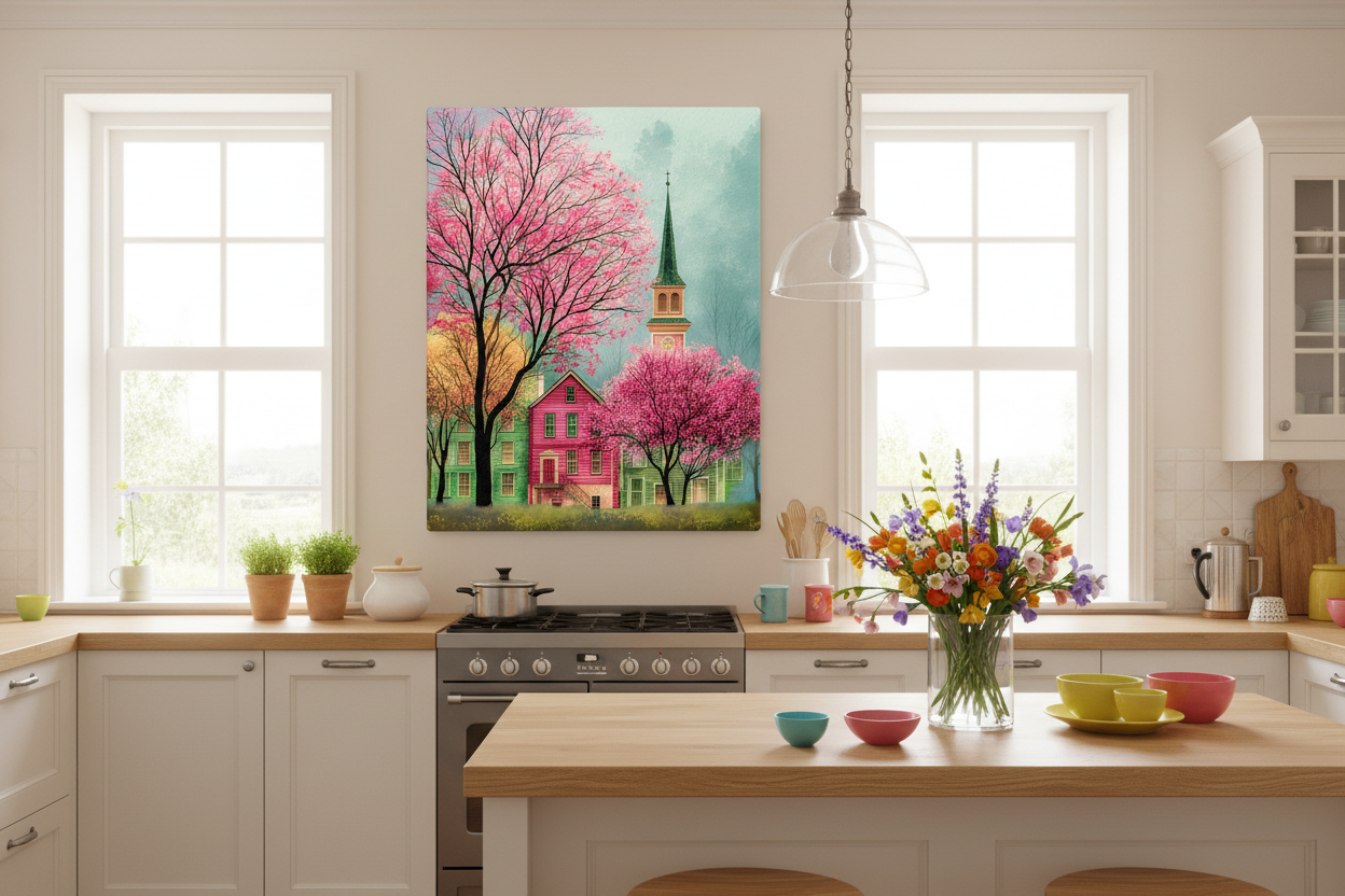 Charming Village with Cherry Blossoms Thin canvas