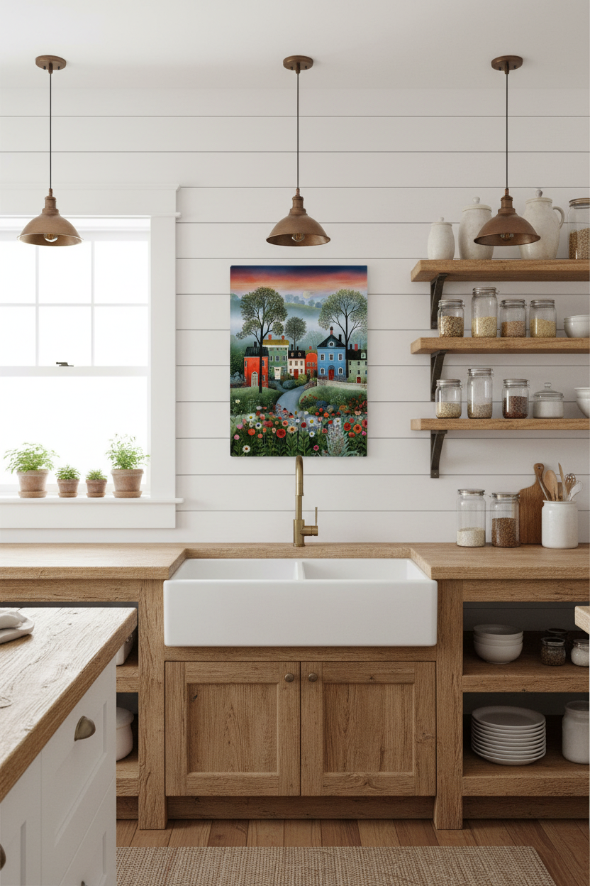 Foggy Summer Village at Dawn Thin Canvas