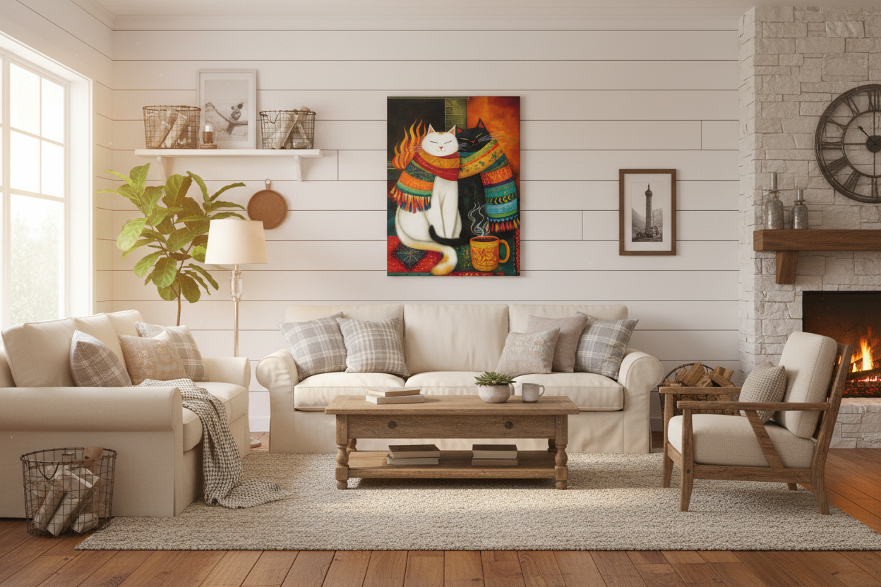 Cats by Fireplace Thin canvas