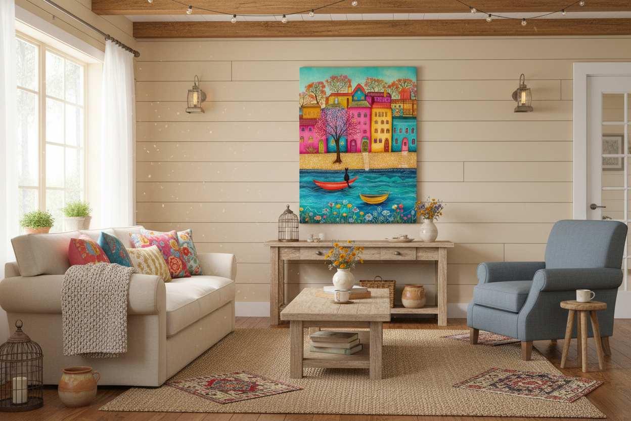 Black Cat and Colorful Village by the River Thin Canvas