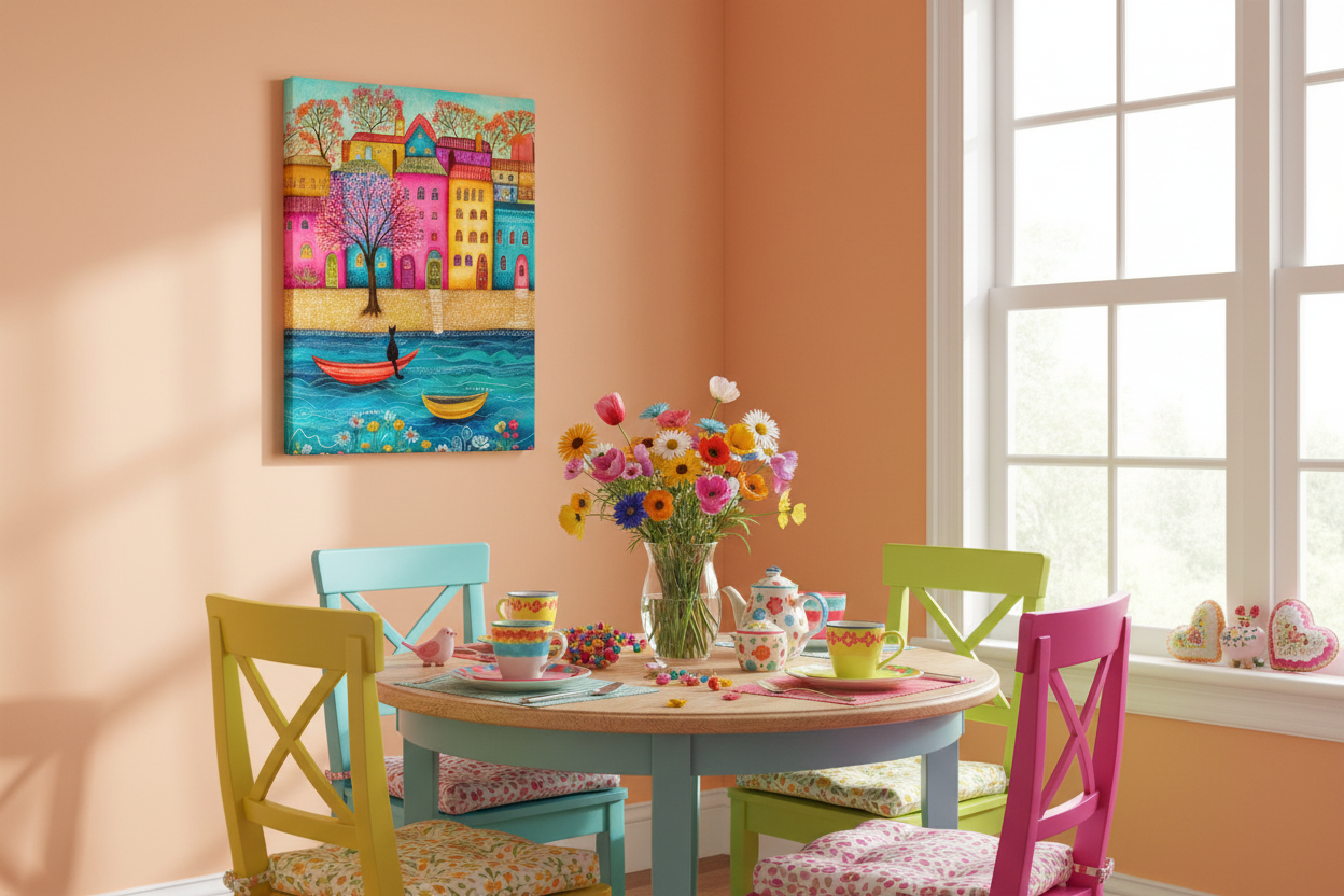 Black Cat and Colorful Village by the River Thin Canvas